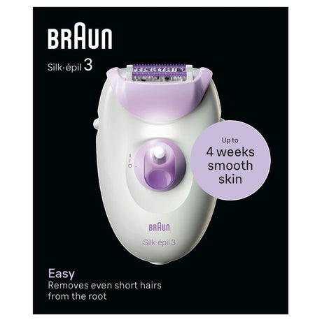 Braun Silk-épil 3 epilator in white and lilac, featuring 20 tweezers and Smartlight for easy hair removal.