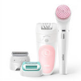 Braun Silk-épil 5 Beauty Set with epilator, shaver head, trimmer cap, and facial cleansing brush. White and pink.