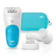 Braun Silk-épil 5 epilator, white with blue accents, includes cleaning brush and travel pouch.