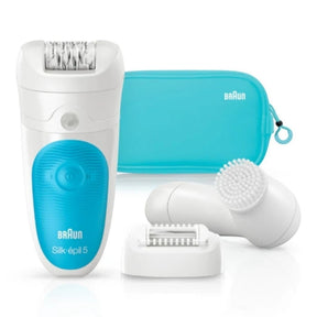 Braun Silk-épil 5 epilator, white with blue accents, includes cleaning brush and travel pouch.