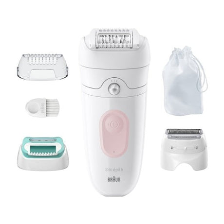 Braun Silk-épil 5 epilator with 28 tweezers, wet & dry use, massage system, Smartlight, and speed control. Includes attachments and storage pouch.