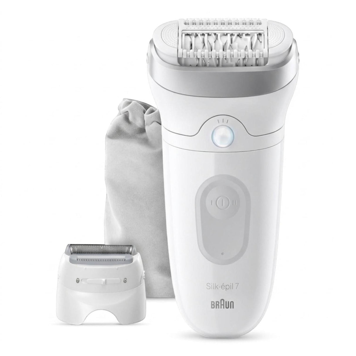 Braun Silk-épil 7 Wet & Dry Epilator SE7-041, white with grey accents, includes 2 attachments and a storage pouch.