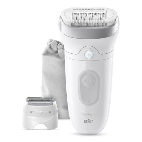Braun Silk-épil 7 Wet & Dry Epilator SE7-041, white with grey accents, includes 2 attachments and a storage pouch.