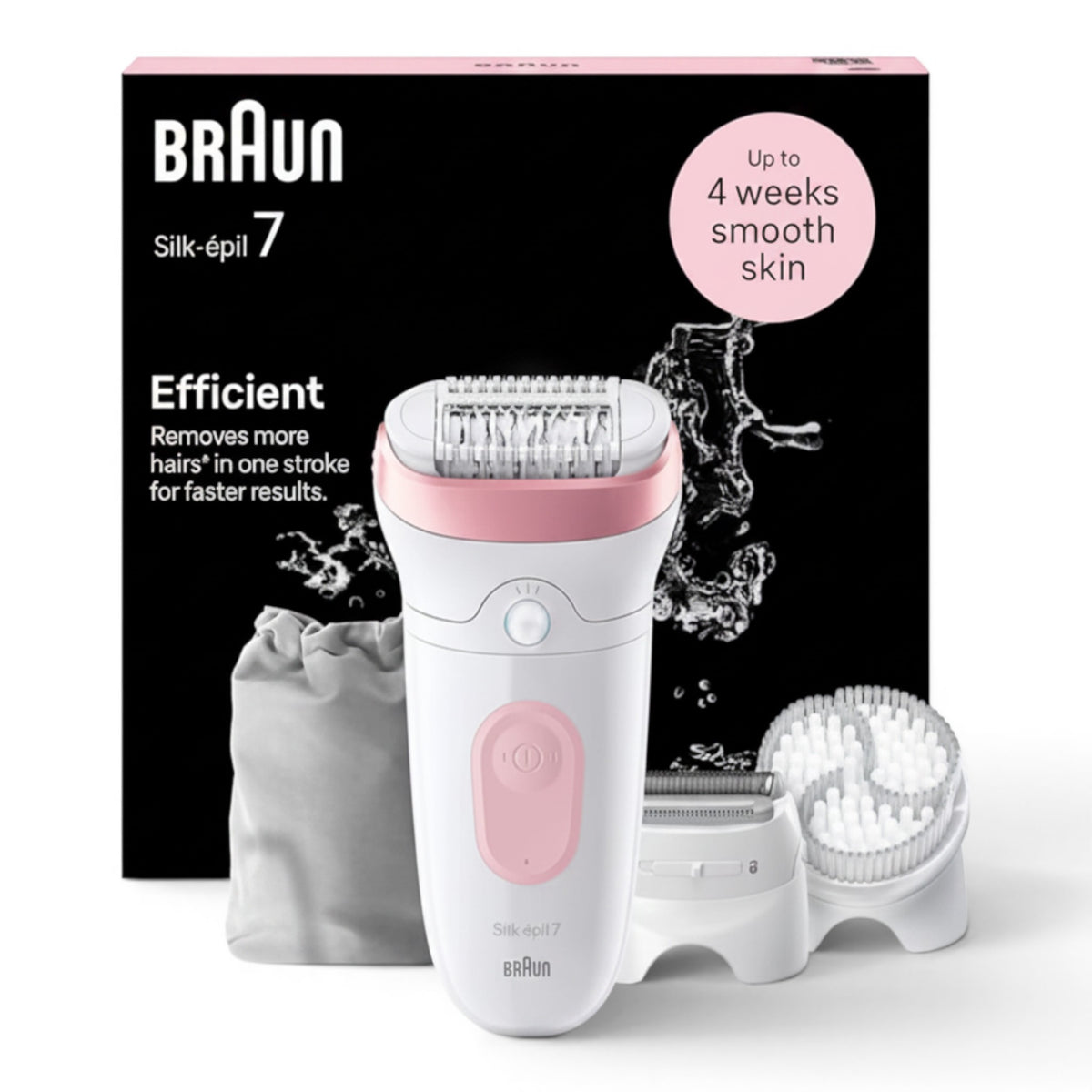 Braun Silk-épil 7 epilator, white and pink, with wide head, shaver, and exfoliating brush. Efficient hair removal for smooth skin.