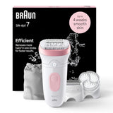 Braun Silk-épil 7 epilator, white and pink, with wide head, shaver, and exfoliating brush. Efficient hair removal for smooth skin.