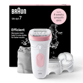 Braun Silk-épil 7 epilator, white and pink, with wide head, shaver, and exfoliating brush. Efficient hair removal for smooth skin.