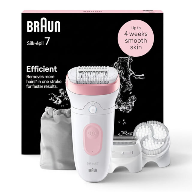Braun Silk-épil 7 epilator, white and pink, with wide head, shaver, and exfoliating brush. Efficient hair removal for smooth skin.