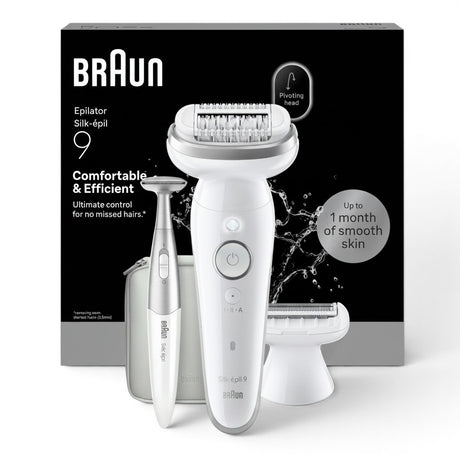 Braun Silk-épil 9 SES9-241 epilator with pivoting head, shaver, and trimmer for up to 1 month of smooth skin.