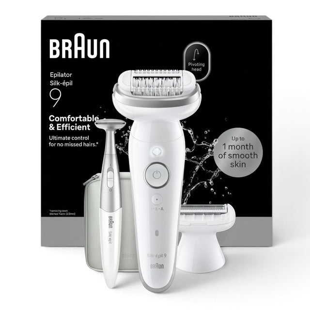 Braun Silk-épil 9 SES9-241 epilator with pivoting head, shaver, and trimmer for up to 1 month of smooth skin.