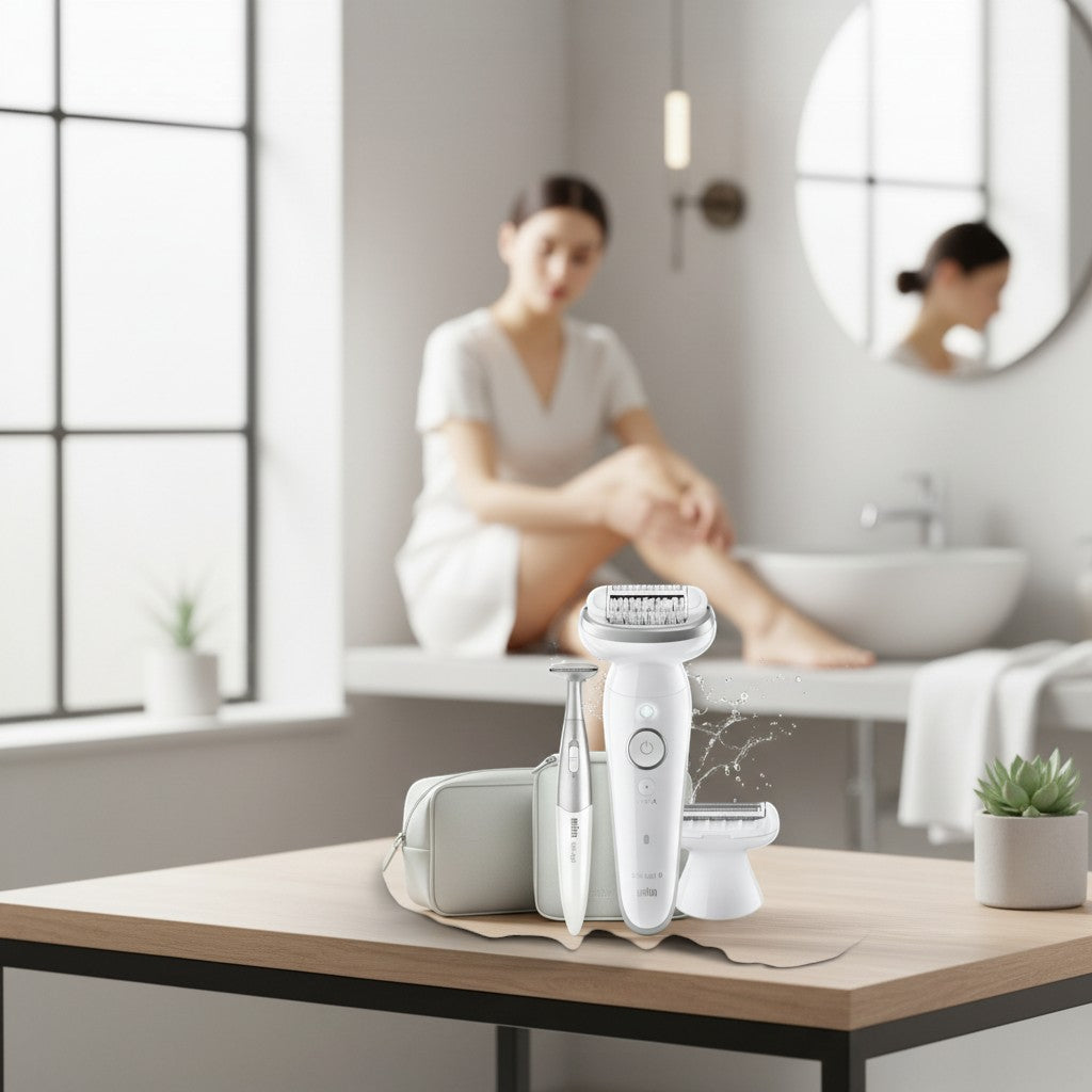 Braun Silk-épil 9 SES9-241 epilator with 40 MicroGrip tweezers, pivoting head, and Smart Light. Includes shaver head, trimmer, bikini trimmer, and skin care heads. Wet & Dry use.