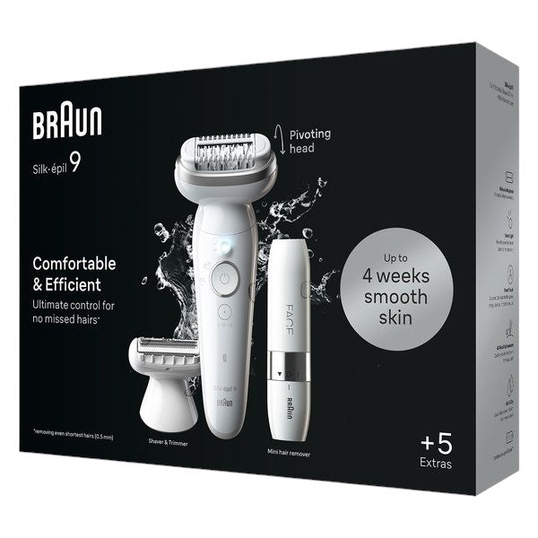 Braun Silk-épil 9 epilator with pivoting head, shaver, trimmer, and mini hair remover for up to 4 weeks smooth skin.