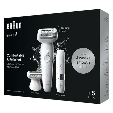 Braun Silk-épil 9 epilator with pivoting head, shaver, trimmer, and mini hair remover for up to 4 weeks smooth skin.