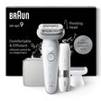 Braun Silk-épil 9 epilator with pivoting head, 40 MicroGrip tweezers, and SmartLight. Includes shaver head, trimmer, and travel case.