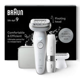 Braun Silk-épil 9 epilator with pivoting head, 40 MicroGrip tweezers, and SmartLight. Includes shaver head, trimmer, and travel case.
