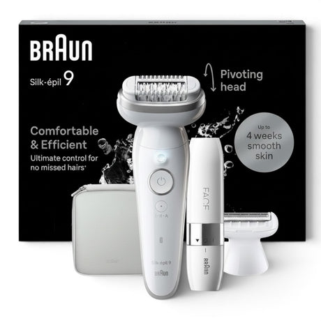 Braun Silk-épil 9 epilator with pivoting head, 40 MicroGrip tweezers, and SmartLight. Includes shaver head, trimmer, and travel case.