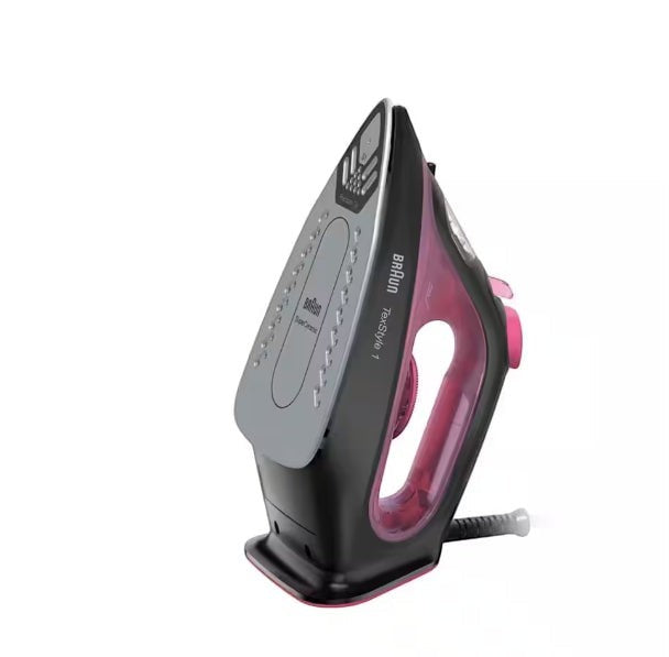 Braun TexStyle 1 steam iron with a black and pink body and a SuperCeramic soleplate.