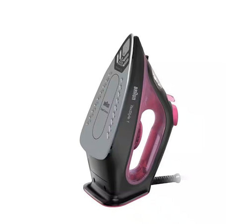 Braun TexStyle 1 steam iron with a black and pink body and a SuperCeramic soleplate.