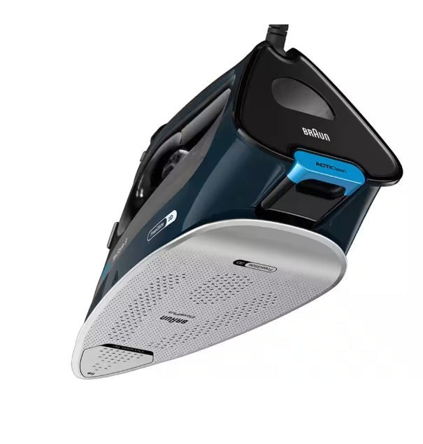 Braun TexStyle 9 steam iron in dark blue with silver soleplate, featuring FreeGlide 3D technology and iCare mode.