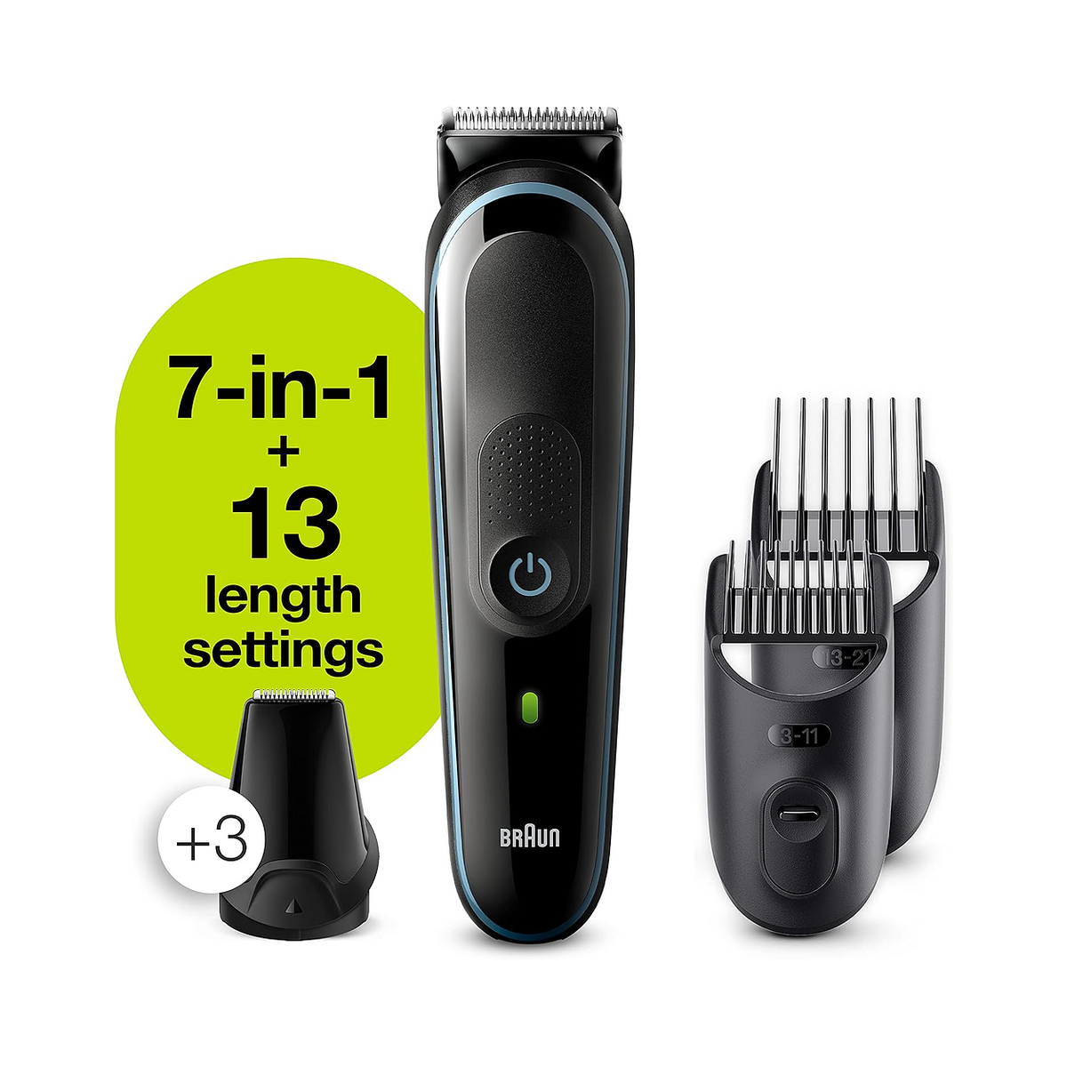 Braun 7-in-1 cordless hair trimmer set with three attachments, including a green badge reading '7-in-1 + 13 length settings' and a white circle with '+3'.