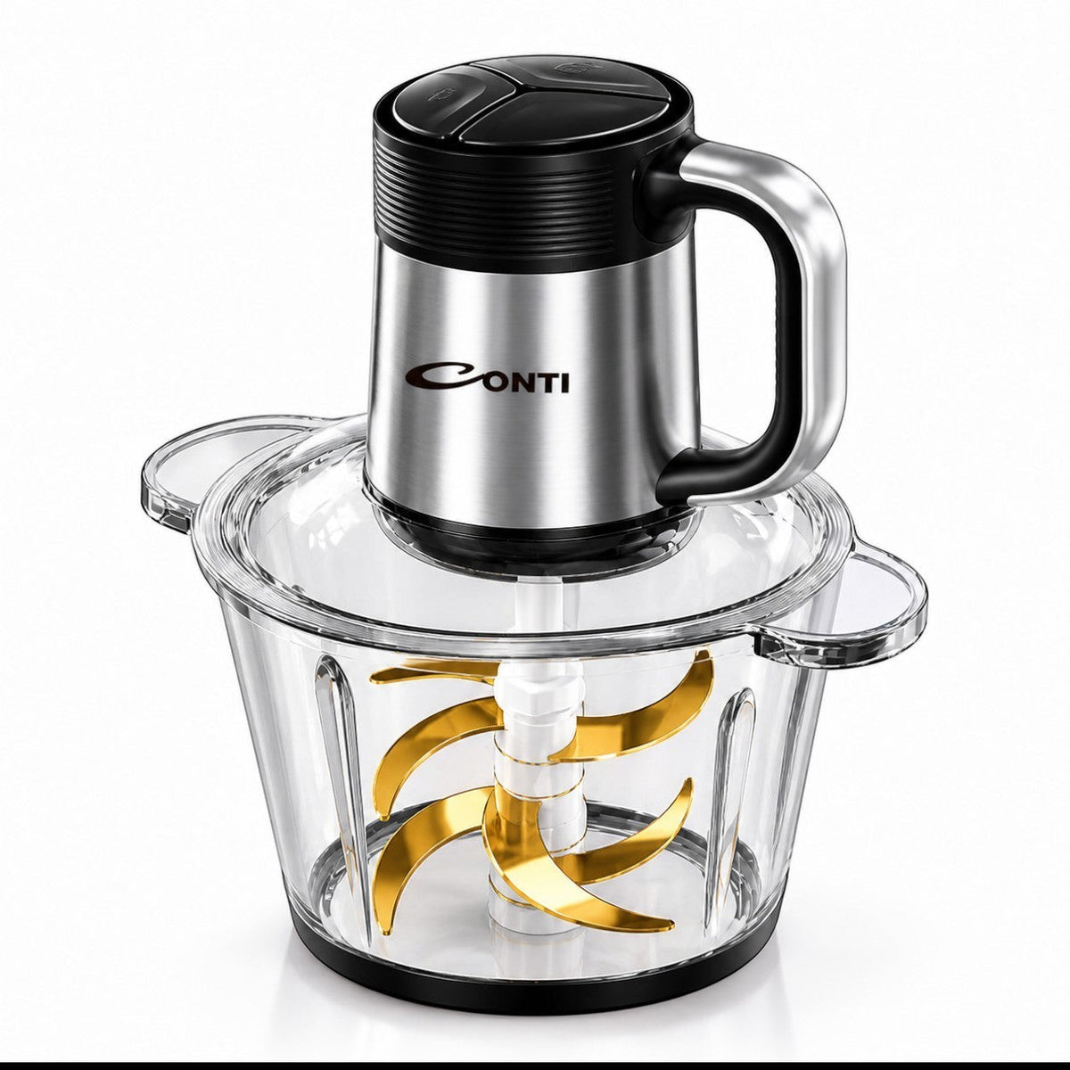 CONTI 3L chopper with glass bowl, 500W copper motor, and 6 gold stainless steel blades for fast chopping.