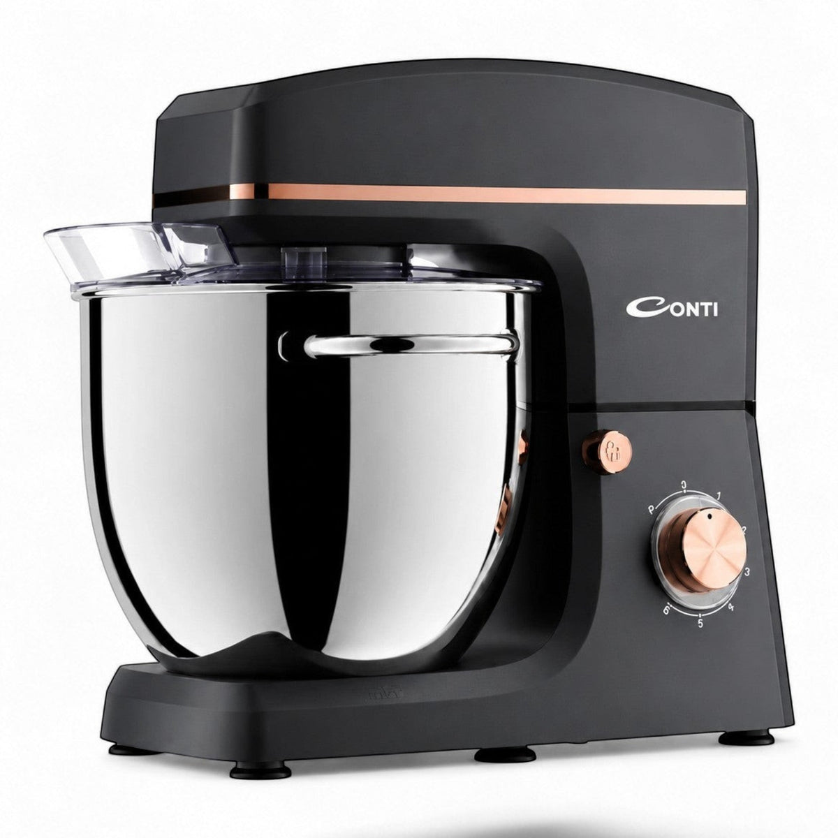 CONTI KM 102001 GR black kitchen mixer with 10L stainless steel bowl and rose gold accents. 2000W, 6 speeds + pulse.