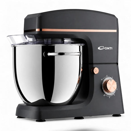 CONTI KM 102001 GR black kitchen mixer with 10L stainless steel bowl and rose gold accents. 2000W, 6 speeds + pulse.
