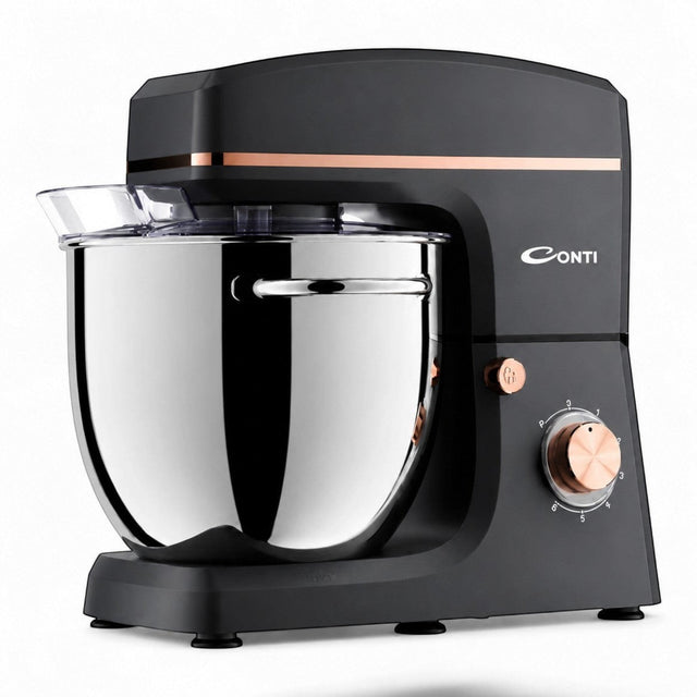 CONTI KM 102001 GR black kitchen mixer with 10L stainless steel bowl and rose gold accents. 2000W, 6 speeds + pulse.