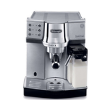 A De'Longhi Automatic Cappuccino espresso machine in stainless steel and black, shown from a front three-quarter angle on a white background.