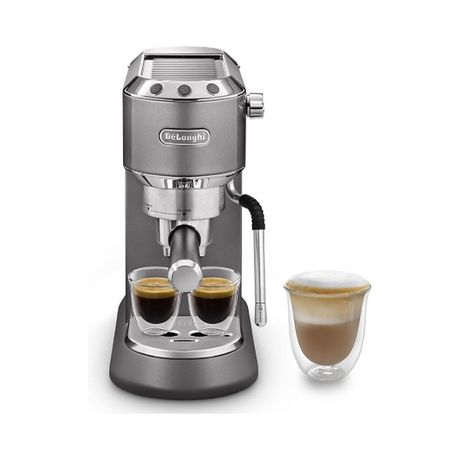 De'Longhi Dedica Arte Espresso Machine EC885M with 15-bar pressure, compact white espresso maker on a countertop.