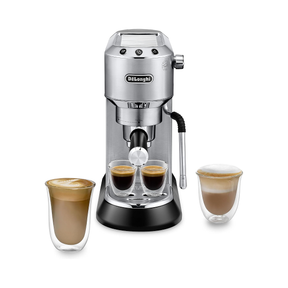 A De'Longhi espresso machine in silver and black, shown with two small espresso cups under the spout and two double-walled latte cups on either side, on a white background.