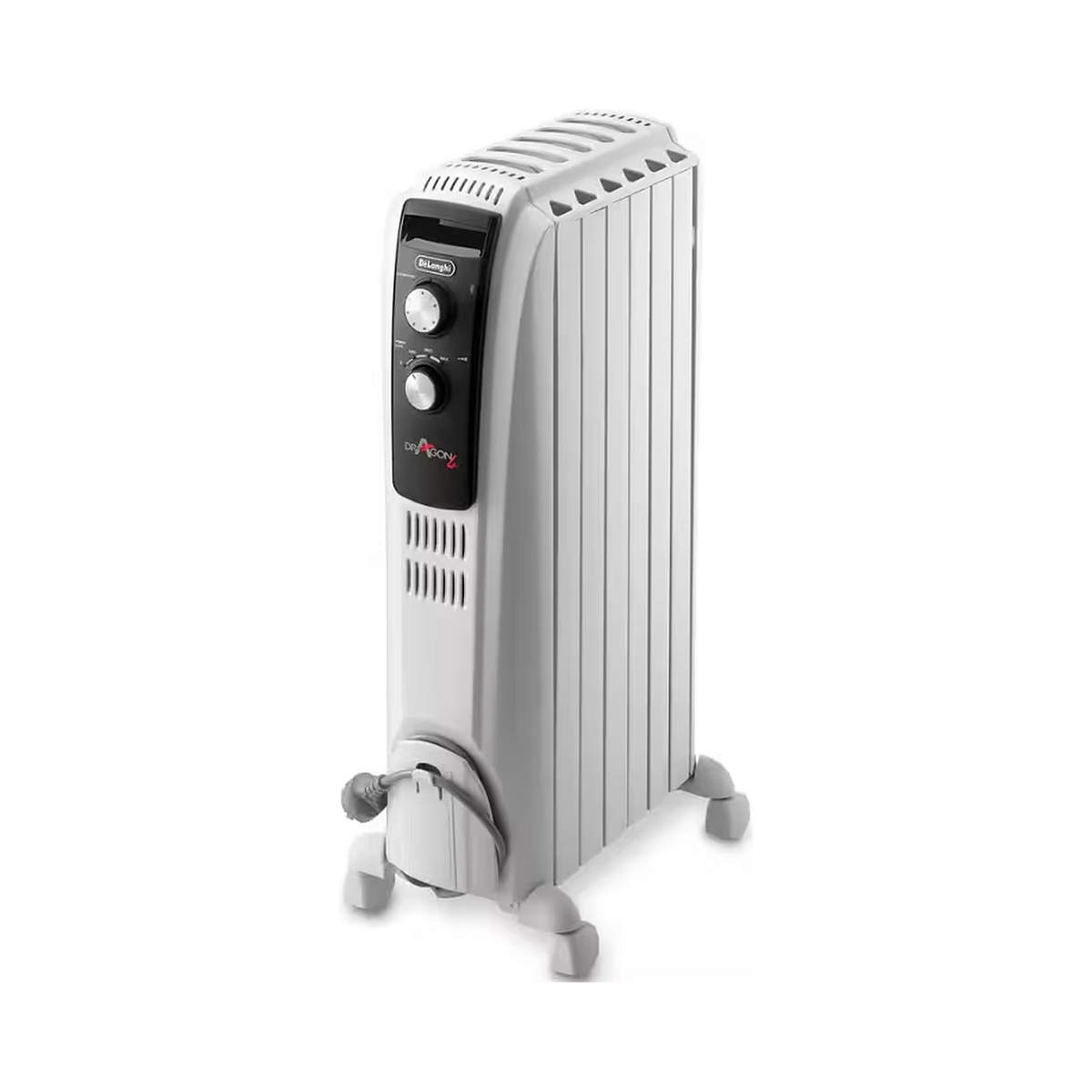 White De'Longhi Dragon 4 Oil Filled Radiator TRD40615 with digital controls and adjustable thermostat for efficient home heating.