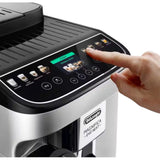 De'Longhi Magnifica Evo coffee machine with touch screen interface, silver and black finish.