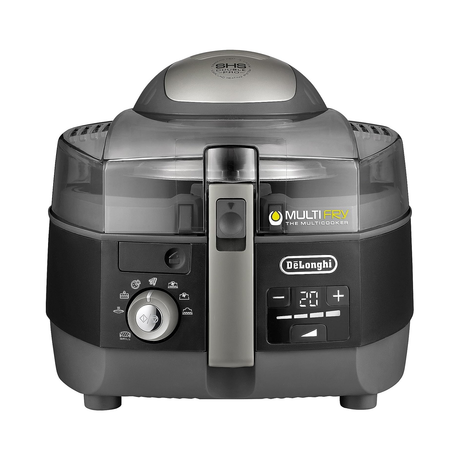 De'Longhi MultiFry Extra Chef Air Fryer and Multi-Cooker in white, showing digital control panel and compact design.