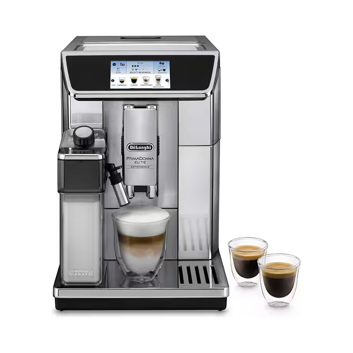A De'Longhi Eletta Automatic Espresso Machine in stainless steel and black, shown with a glass of layered latte macchiato and two double-walled espresso cups on a white background.