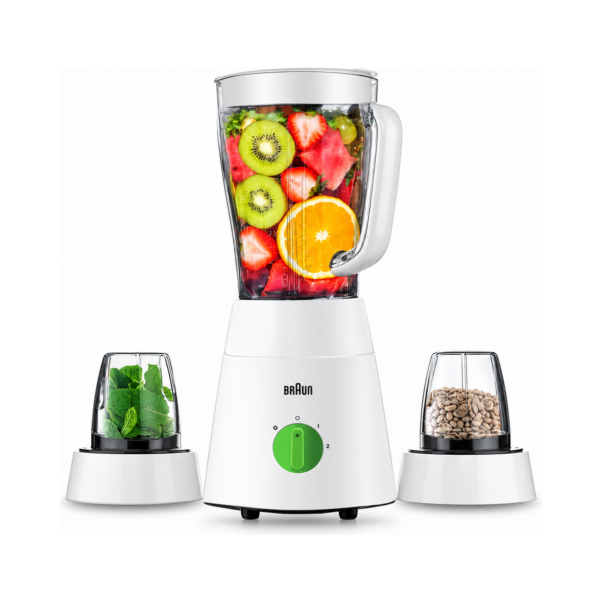 Braun JB0123WH 3-in-1 jug blender with 500W motor and 1.75L capacity, featuring blending, chopping, and grinding functions.