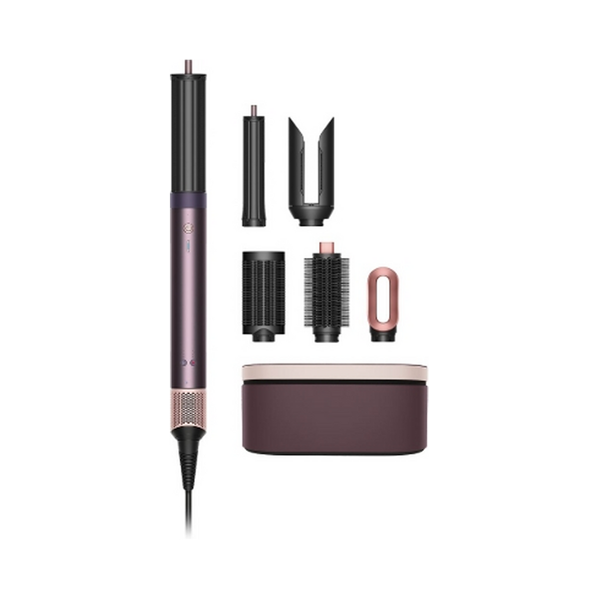 A hair styling tool set on a plain white background, featuring a dark metallic purple and rose gold flat iron with several interchangeable attachments and a matching storage case.