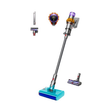 Dyson V15s Detect Submarine cordless vacuum cleaner in yellow and nickel with attachments on a white background.