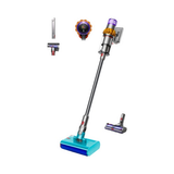 Dyson V15s Detect Submarine cordless vacuum cleaner in yellow and nickel with attachments on a white background.