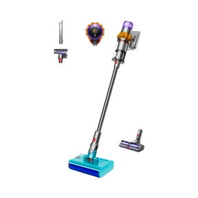 Dyson V15s Detect Submarine cordless vacuum cleaner in yellow and nickel with attachments on a white background.