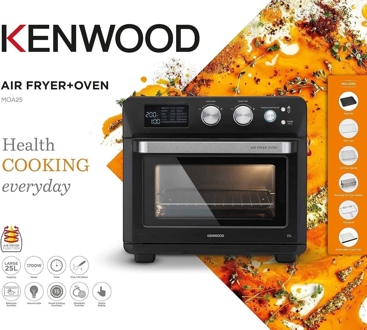 Kenwood MOA25.600BK black 25L 1700W digital 2-in-1 air fryer oven with 15 cooking presets and rotisserie function.