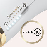 Braun Silk-expert Pro 5 IPL Hair Removal device with 10 intensity modes in gold finish, designed for at-home hair removal.