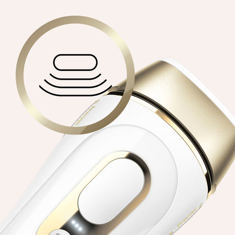 Braun Silk-expert Pro 5 IPL hair removal device in gold, featuring a sleek handheld design for efficient hair removal.