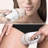 Braun Silk-expert Pro 5 IPL hair removal device in use on a woman's leg, featuring a sleek gold design for at-home hair removal.