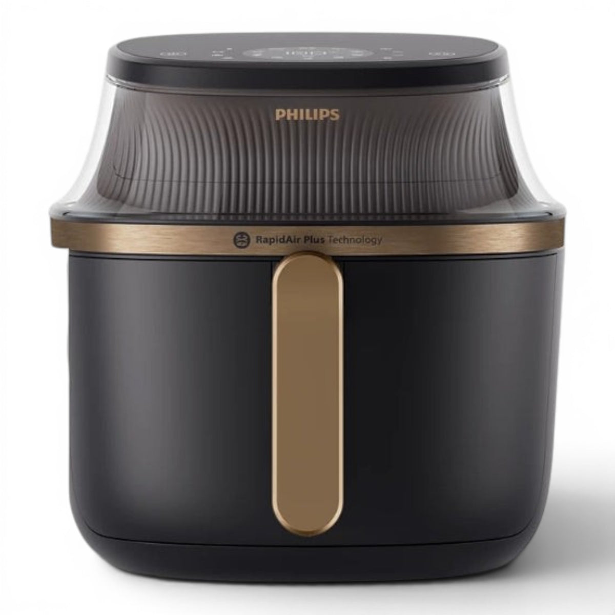 Philips Airfryer 3000 Series XL NA332/09 in black with gold accents, featuring Rapid Air Plus technology and a 6.2L capacity.