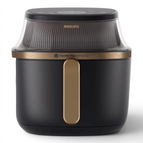 Philips Airfryer 3000 Series XL NA332/09 in black with gold accents, featuring Rapid Air Plus technology and a 6.2L capacity.