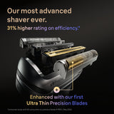 Shaver with text highlighting advanced features and efficiency rating on a dark background