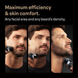 Three men using electric shavers with text about efficiency and skin comfort.