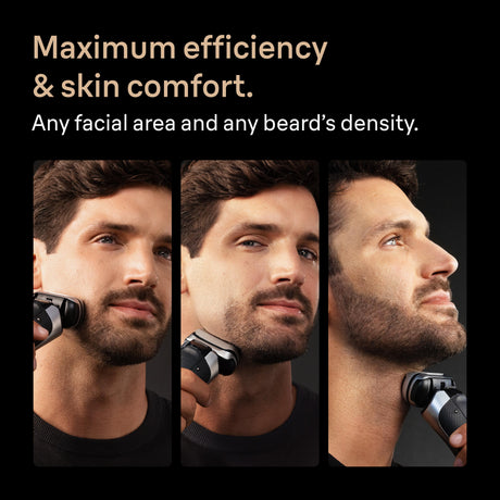 Three men using electric shavers with text about efficiency and skin comfort.