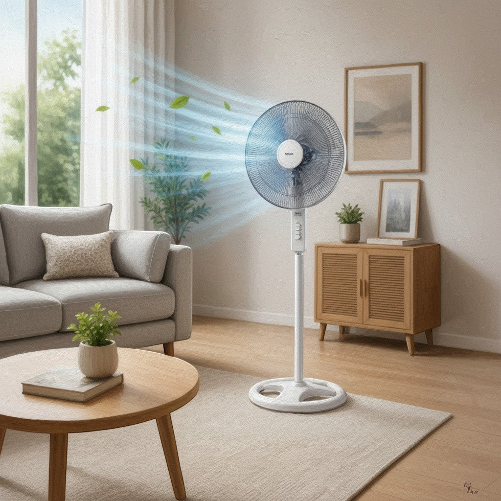 Tagahareed Sona 18" white stand fan with blue airflow and leaves, ideal for home or office cooling.