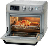 Taghareed 25L 1700W stainless steel 2-in-1 air fryer oven with digital display and 15 cooking programs, loaded with food.
